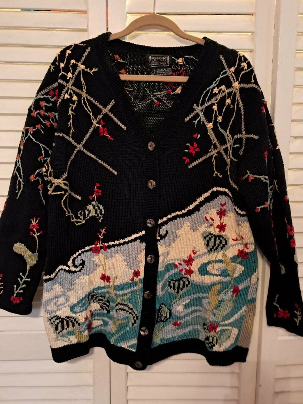 VINTAGE BEREK MARTA D HAND KNITTED PIMA COTTON WINTER THEME CARDIGAN SWEATER L